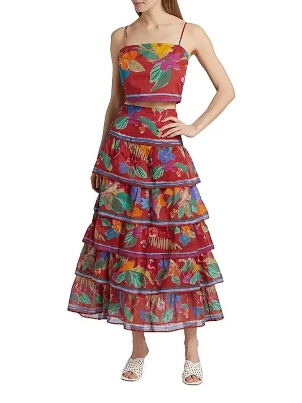 Marie Oliver Christie Floral Cotton Tiered Midi Skirt Womens Long